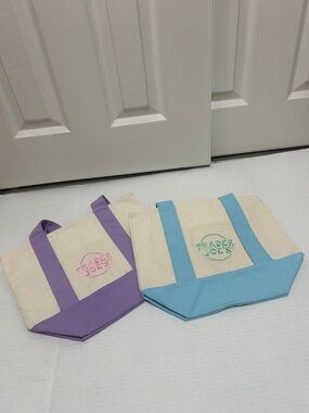💗NWT Bundle of 2 Trader Joe's Mini Canvas Tote Bag Pastel Purple & Baby Blue